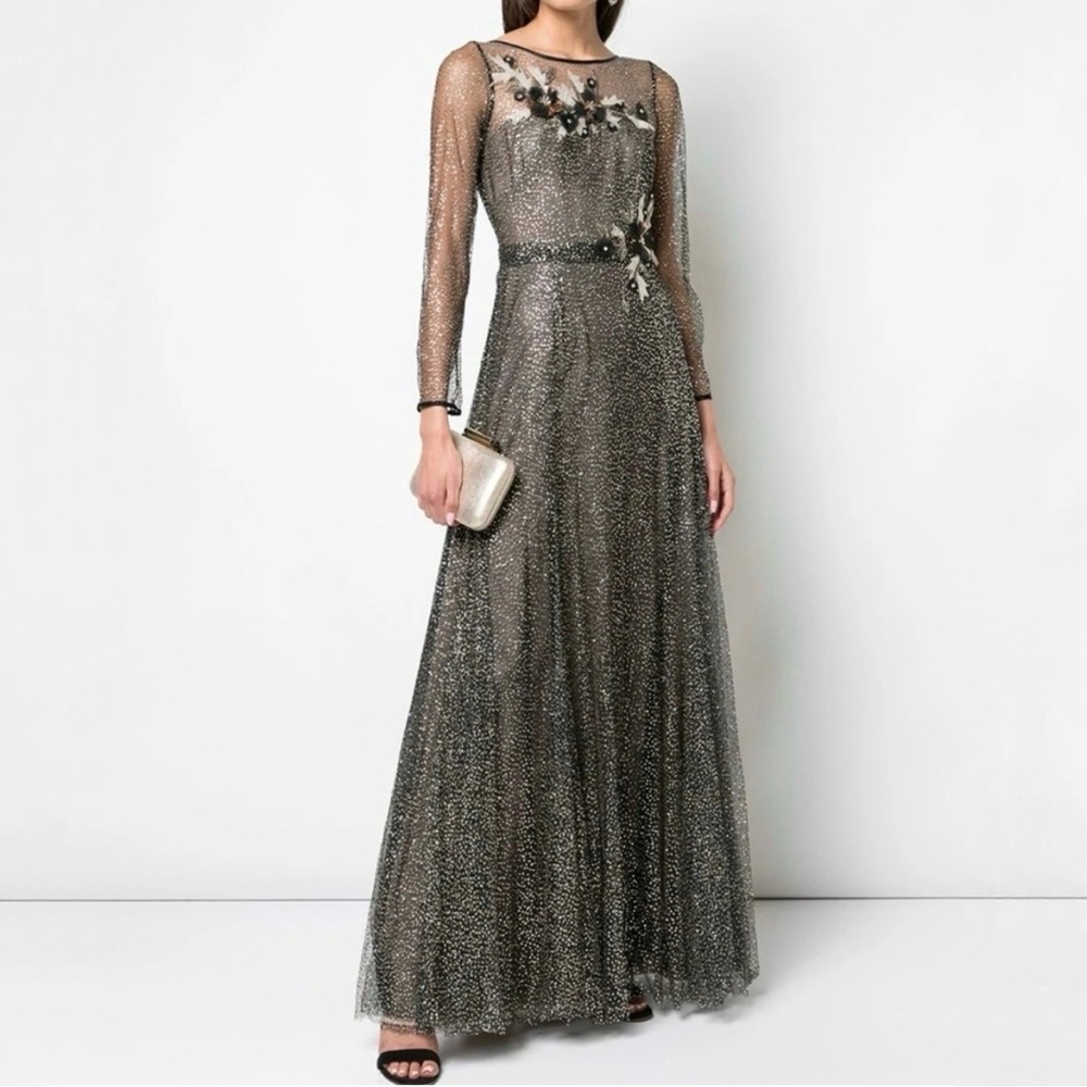 Marchesa Notte 6 Long Sleeve
Glitter Tulle Evening Gown Gold Black